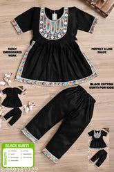 Elegant black embroidery cotton blend kurti set for kids girls, three-quarter sleeves, Indian handcrafted embroidery