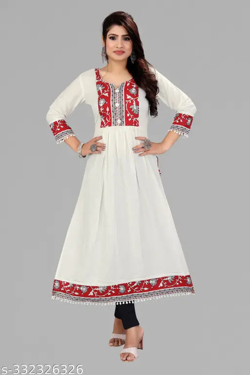 Rayon Naira Cut white designer kurti with Latkan, embroidered three-quarter sleeve casual dress for office or occasions, soft, light, and comfortable cotton material