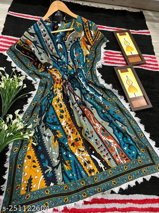 Printed cotton-blend kaftan for women, short sleeves, vibrant pattern, size S (bust 36in), made in India