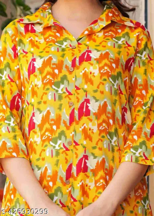 yellow rayon kurti plajo set with printed net palazzos, vibrant and stylish Indian fashion for women