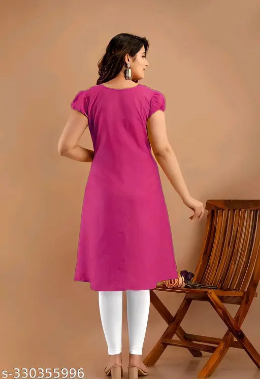 Rayon puff-sleeve A-line kurta, pink color, solid pattern, casual/formal occasion