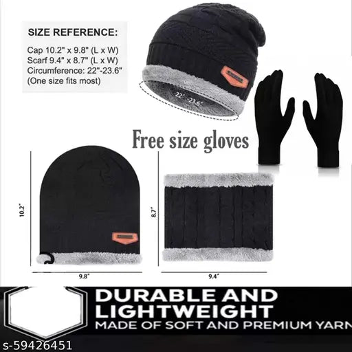 Black textured woolen beanie cap set (1 cap, 1 neck warmer, 1 pair of gloves) for winter - soft fur and double-layered warmth, perfect for men, women, and children