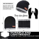 Black textured woolen beanie cap set (1 cap, 1 neck warmer, 1 pair of gloves) for winter - soft fur and double-layered warmth, perfect for men, women, and children