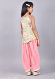Kidaroo Girls Rayon Printed Top and Solid Dothi Pant set, A-line top with sleeveless design, suitable for weddings, parties, and festivals. Indian party wear for girls aged 1-3 years