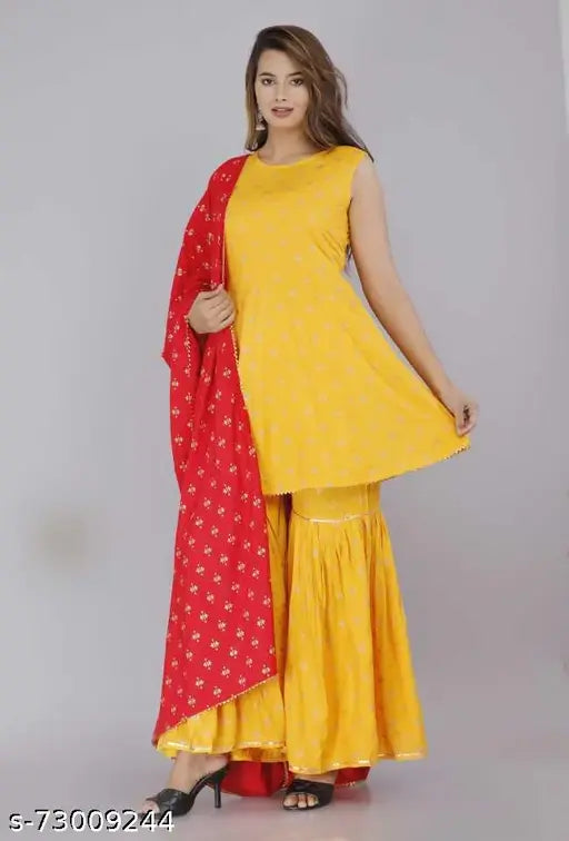 Mustard butterfly print rayon dupatta set with kurta and sharara, Indian ethnic fashion