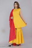 Mustard butterfly print rayon dupatta set with kurta and sharara, Indian ethnic fashion