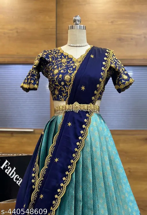 Art Silk semi-stitched South Indian festival saree with floral embroidery and ethnic motif dupatta, 42 inch length in litchi silk zari work