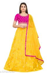 Rani yellow net Lehenga set: Satin top, net bottom & dupatta with lace print, free size (waist 44", length 42"), Indian handcrafted