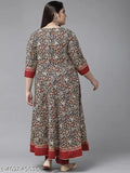 Brown cotton ethnic motif notch kurti, three-quarter sleeve, printed floral design - Yash Gallery women's plus size fashion from India