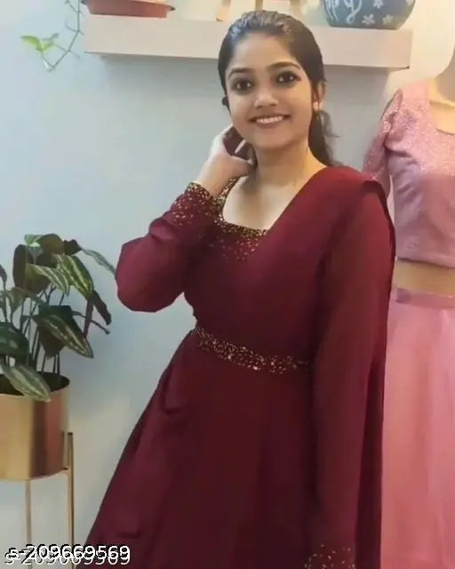 Maroon Georgette gown Chauki, traditional Indian bridal wear with hot fix work, Solid maroon dupatta and free belt included