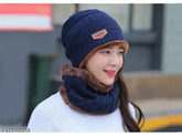 Warm blue wool cap with balaclava cover - Woolen accessory for women, keeps head, ears, face & neck warm. Indian made