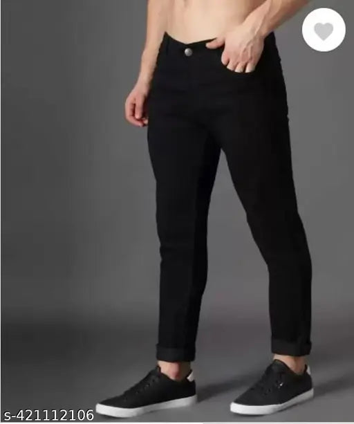 Men's black polycotton slim jeans for various sizes: 28, 30, 32, 34 inches (India-made)