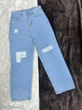 Denim bell-bottom funky jeans, cut out net styling, size 32 (waist 32in, length 39in), India origin