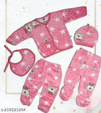 Wool winter wear set: Adriel 0-3 month newborn printed pajamas, top, bib, and cap (India)