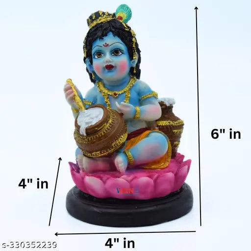 Hand-painted Polyster Resin Krishna figurine, Big Maakhan Chor Baby Krishna stealing butter with enchanting flute, Indian artisan crafted