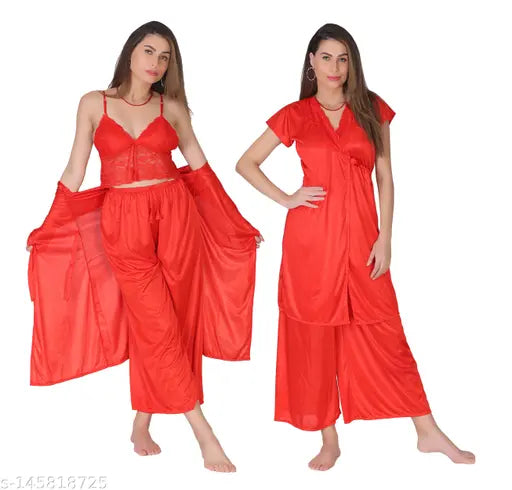 Red satin women's sleepwear set, featuring a babydoll dress with lace pallazo and spaghetti-strap top, comfortable for working from home
