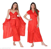 Red satin women's sleepwear set, featuring a babydoll dress with lace pallazo and spaghetti-strap top, comfortable for working from home