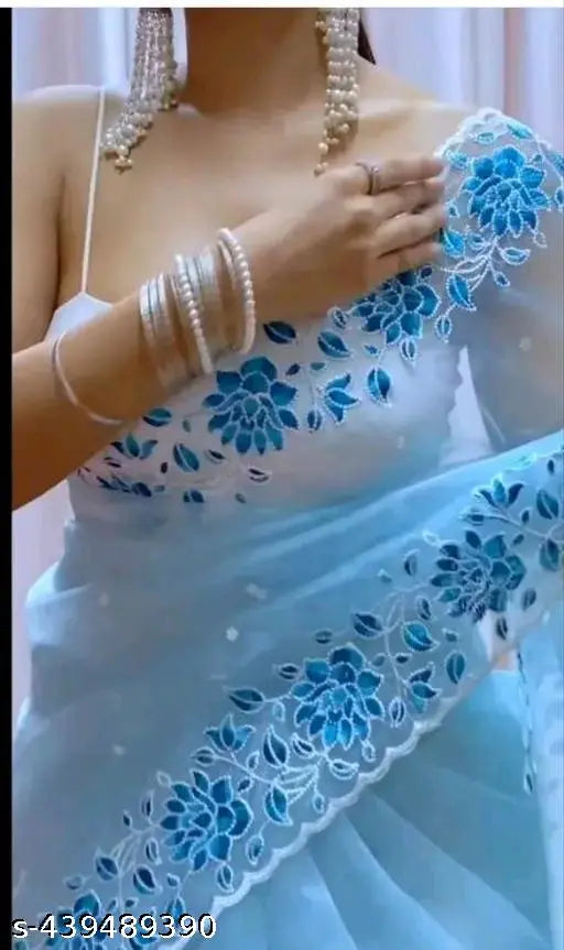 Beautiful silicon fabric floral embroidery saree & banarasi silk blouse, Indian net organza saree with multi-thread work