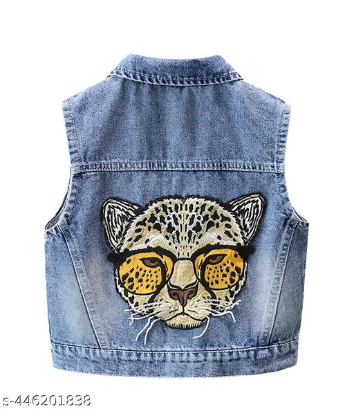 Blue denim sleeveless lion printed blazer for boys, aged 3-8 years