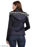 Navy blue polyester sleeveless quilted women's winter jacket on model