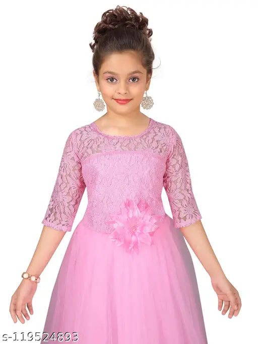 Pink polyester three-quarter sleeve lavender frocks & dresses for girls, self-designed by Aarika, India origin