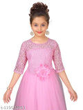 Pink polyester three-quarter sleeve lavender frocks & dresses for girls, self-designed by Aarika, India origin
