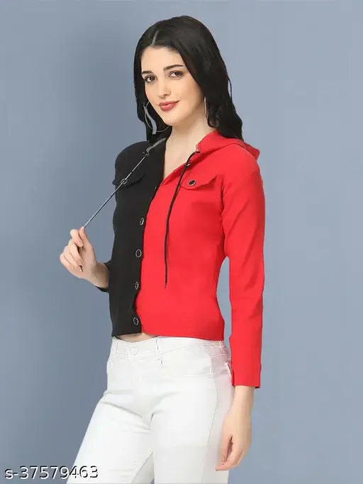 Black and Red Cotton Lycra Jacket with Hoodie, colorblocked, women's wear