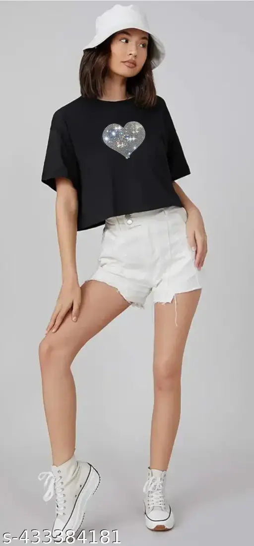 Black oversized-crop 100% cotton T-shirt with sparkling Rhinestones, perfect for party wear