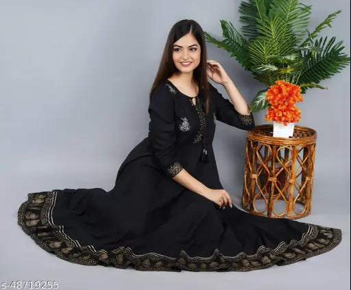 Rayon embroidered flared Anarkali Kurta, printed combo for women's festive wear, size S-5XL (36in-50in bust)