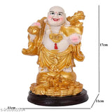 Polyresin laughing Buddha figurine with luck money coins and golden ingot, perfect for home decoration or gifting. Handmade in India, may vary slightly from smooth base