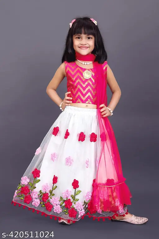 Taffeta silk and super net embroidered pink lehenga choli set for kids, featuring ribbon work and Gota lace border on dupatta