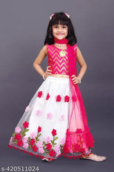 Taffeta silk and super net embroidered pink lehenga choli set for kids, featuring ribbon work and Gota lace border on dupatta