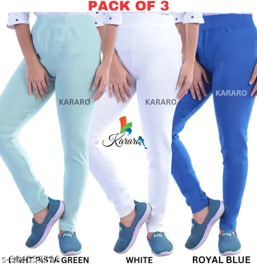 Cotton blend jeggings pack of 3 - Comfortable and trendy KARARO women's plain jeggings, made with OE fabric (hoseiery cotton waste recycled). Available in sizes 26, 28, 30, 32, 34, Free Size, and originating from India