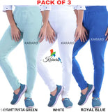 Cotton blend jeggings pack of 3 - Comfortable and trendy KARARO women's plain jeggings, made with OE fabric (hoseiery cotton waste recycled). Available in sizes 26, 28, 30, 32, 34, Free Size, and originating from India