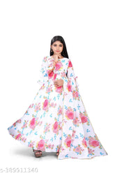 Cotton-blend printed party wear gown with dupatta for girls aged 12, Indian children's formal wear on display