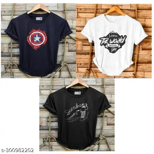 Comfy modern men's cotton t-shirts, short sleeves, printed design, three L sizes, made in India
