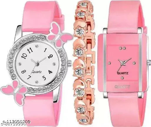 Pink Butterfly and Square Dial watches, three free-size girls' watches featuring butterflies on analogue display from India