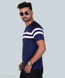 Colorblocked poly blend men's short sleeve striped t-shirt for sports and active wear, ideal for fitness enthusiasts. Made in India." (106 characters)