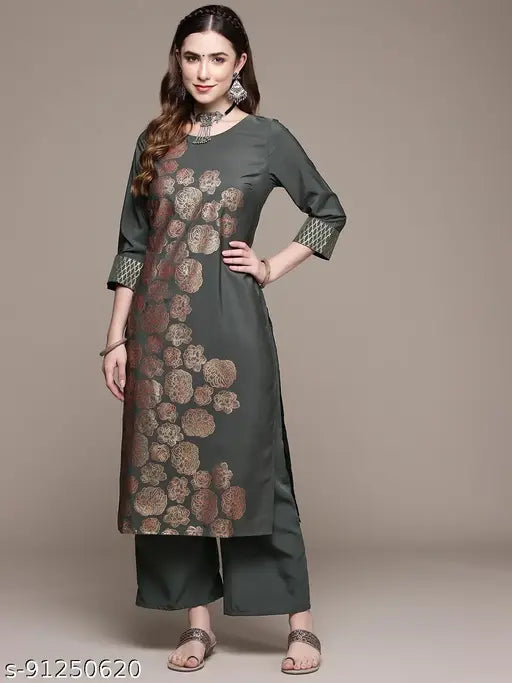 Dark Grey Crepe Kurta & Palazzo Set: Printed Net, 3/4 Sleeve, Elastic Back Slip-On Palazzos, Indian Origin