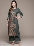 Dark Grey Crepe Kurta & Palazzo Set: Printed Net, 3/4 Sleeve, Elastic Back Slip-On Palazzos, Indian Origin