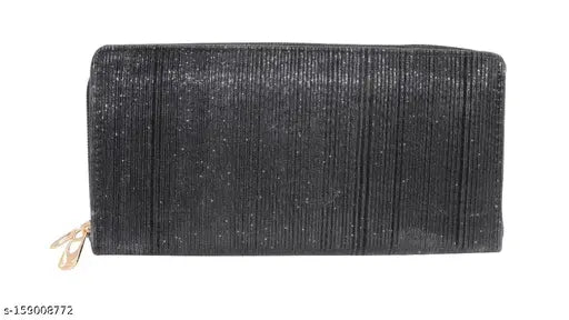 Black PU leather glittering hand wallet for women, vintage-inspired with 2 compartments and double side pockets