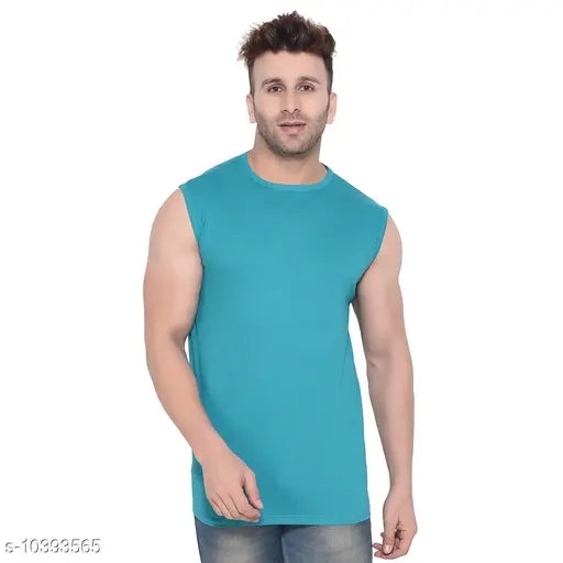 Teal cotton blend sleeveless round t-shirt, perfect for casual wear with jeans and sneakers. High-quality, 100% pure combed cotton from India