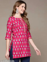 Premium rayon printed short kurtis for women and girls, three-quarter sleeve length, India origin