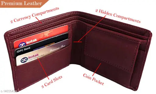 Brown PU leather men's wallet with removable card holder, features 2 compartments and solid pattern design
