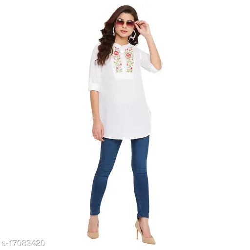 Cotton three-quarter sleeve paper print shirt, embroidered net - Real Vibes casual & trendy women's frock top/kurti top, India