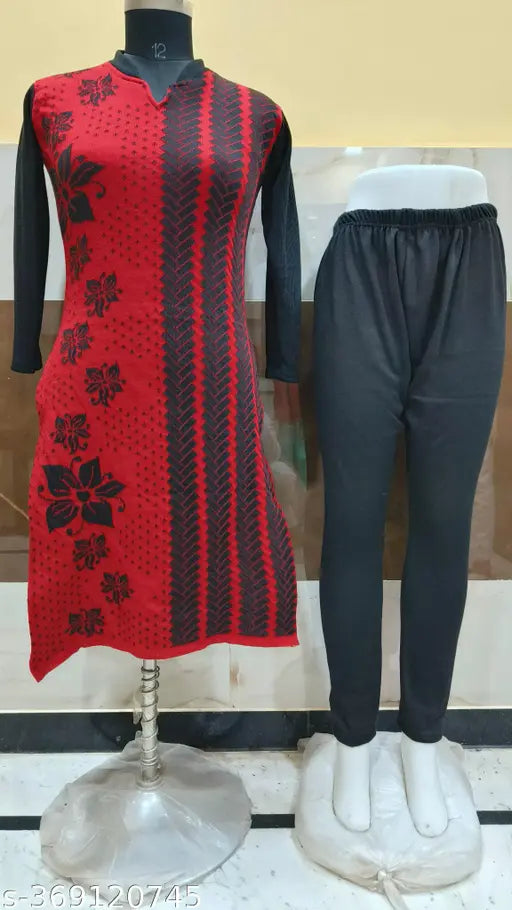 Fancy red woolen kurti & pants set, long sleeve, printed net design, single size S-XL (36in - 42in), Indian origin