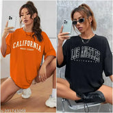 Trendy oversized women's printed cotton blend t-shirt combo pack of 2, down shoulder style with short sleeves, available in S, M, L, XL sizes (S: 38in bust, 30in length; M: 40in bust, 32in length; L: 42in bust, 34in length; XL: 44in bust, 34in length), origin India