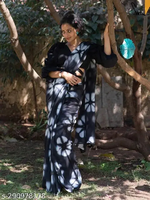 Georgette printed saree with separate dupion silk blouse, Indian Banita ensemble in free size