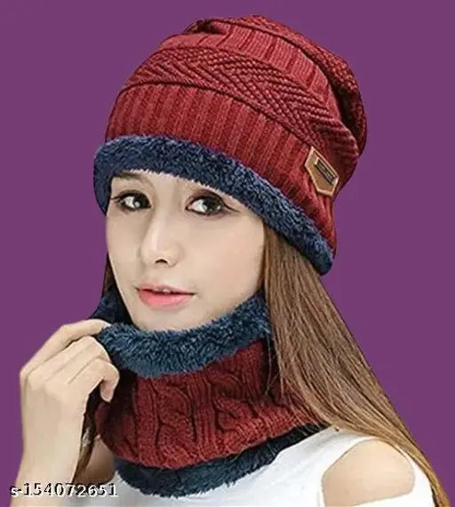 Woolen cap set, unique & casual design for women's winter wear. Soft, comfortable, and customizable fit for an average adult. Made in China