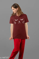 Classy cotton three-quarter sleeve t-shirt for women, printed net design. Made in India